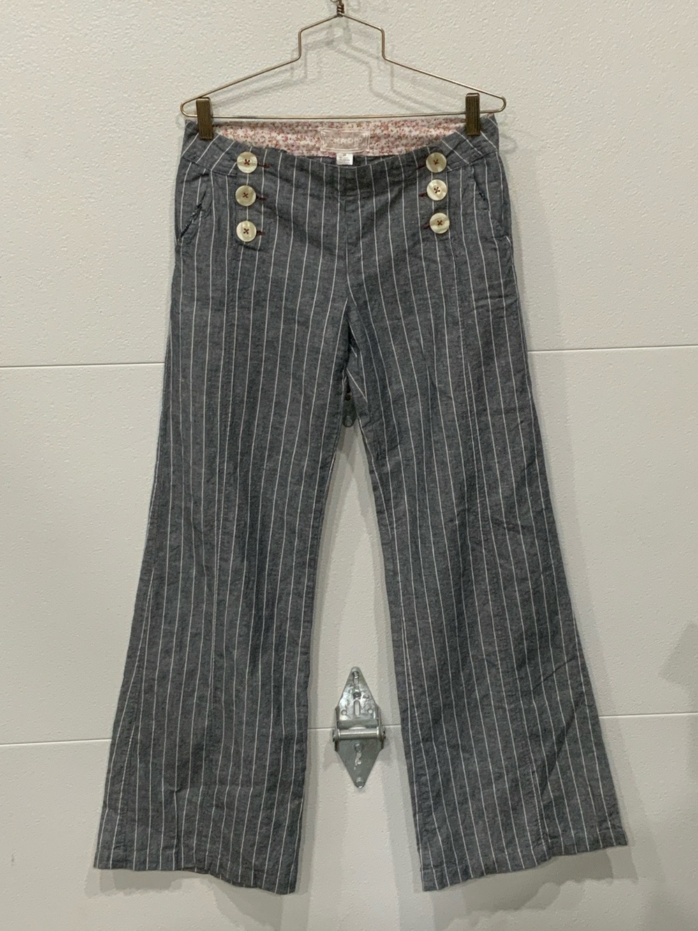 Nick and Mo Grey Pinstripe Wide-Leg Pants with Button Detail